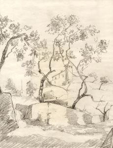 Marcus Adams - Early 20th Century Graphite Drawing, Building on a Hillside