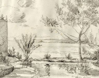 Marcus Adams - Early 20th Century Graphite Drawing, Coastal View, Majorca