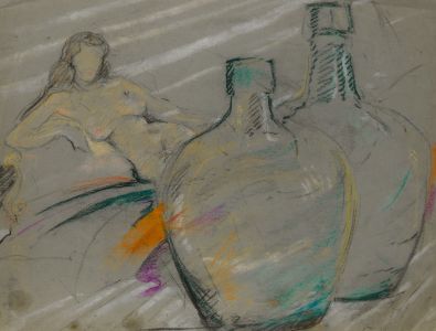 Gilbert Adams - Mid 20th Century Pastel, Woman Behind Bottles