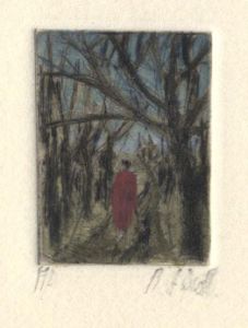 R.H. Scott - Contemporary Etching, Figure in Red on Woodland Path