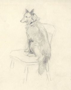 Mary Cecilia Crompton - Contemporary Graphite Drawing, Dog Sitting on a Chair