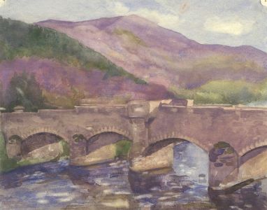 Mary Cecilia Crompton - Contemporary Gouache, Bridge in Mountain Landscape