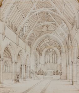 J. Alick Thomas - Detailed 1898 Pen and Ink Drawing, Church Interior