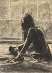 Linda Downes - Limited Edition Contemporary Etching, Ballet Dancer Tying Shoes
