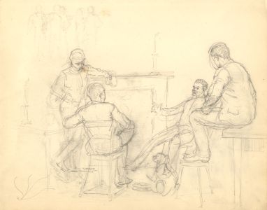 Harry B. Tansley - Late 19th Century Graphite Drawing, Young Men in an Interior