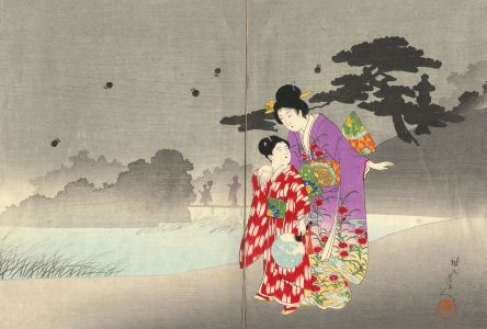 Late 19th Century Japanese Woodblock - Mother and Daughter by a Lake