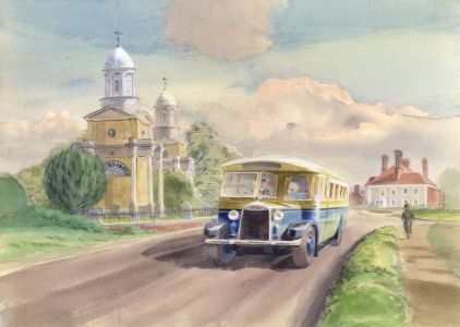 Geoffrey Richard Mortimer - Mid 20th Century Watercolour, Bus Passing a Church