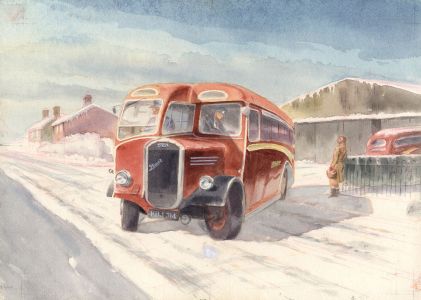 Geoffrey Richard Mortimer - Mid 20th Century Watercolour, Wintry Scene with Bus