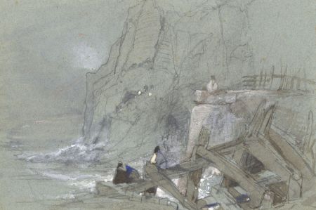 Samuel Gillespie Prout  - 19th Century Graphite Drawing, Figures Watching Waves