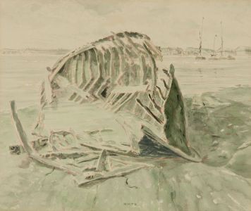 Geoffrey Richard Mortimer - 1975 Watercolour, Wrecked Boat, Ipswich