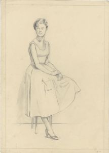 Geoffrey Richard Mortimer - 1956 Graphite Drawing, Portrait of Woman on Stool