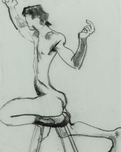 EDMA - Contemporary Charcoal Drawing, Nude Balancing on Stool