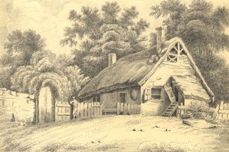 Late 19th Century Graphite Drawing - Figure Outside Thatched Cottage