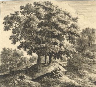 Anthonie Waterloo - 17th Century Etching, Man and woman sitting on knoll