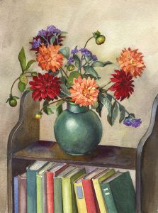 P.M. Evans - Mid 20th Century Watercolour, Flowers on a Book Shelf