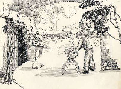P.M. Evans - Mid 20th Century Pen and Ink Drawing, Sawing Wood