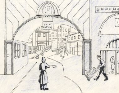 P.M. Evans - Mid 20th Century Pen and Ink Drawing, Policeman Directing Traffic