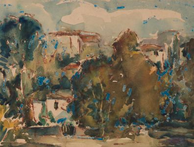 Mid 20th Century Mixed Media - Buildings and Trees