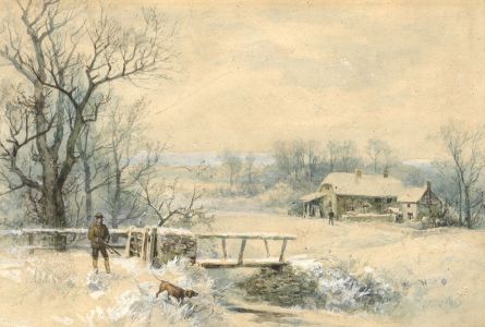 19th Century Watercolour - Hunter and his Hound in a Snowy River Landscape