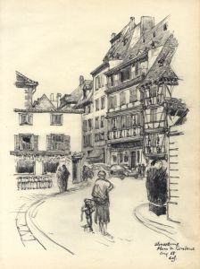 Austin Blomfield - 1958 Charcoal Drawing, Strassbourg, Place du Bonetene