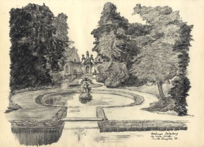 Austin Blomfield - 1958 Charcoal Drawing, Hellbrunn, Salzburg, The Water Piece