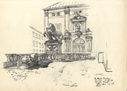 Austin Blomfield - 1958 Charcoal Drawing, The Horse Fountain, Salzburg