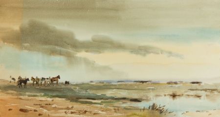 Sydney Vale FRSA - Large Mid 20th Century Watercolour, Landscape with Ponies