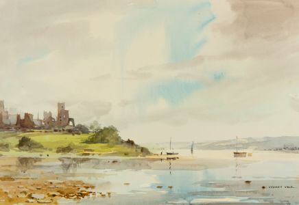 Sydney Vale FRSA - 20th Century Watercolour, Estuary Landscape with Castle Ruins