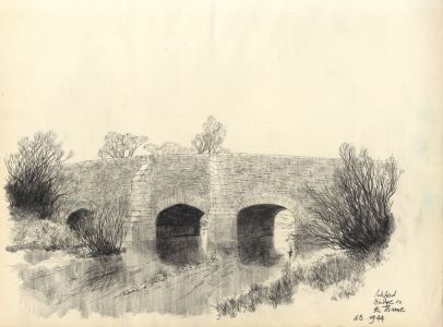 Austin Blomfield - 1944 Charcoal Drawing, Ickford Bridge on the Thame