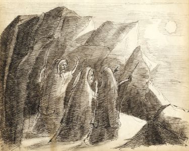 Interesting 19th Century Pen and Ink Drawing - Three Robed Figures in a Cave.