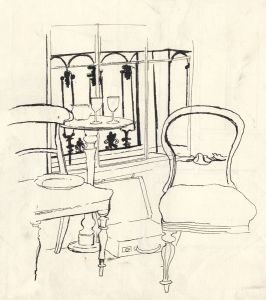 Barbara Dorf - Mid 20th Century Pen and Ink Drawing, By the Balcony