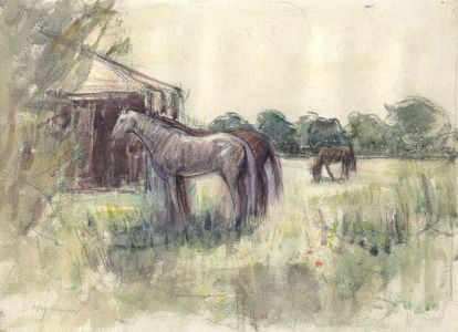 B. May Brown - Mid 20th Century Mixed Media, Horses