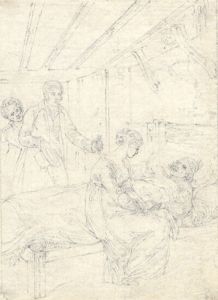 Very Fine Little 19th Century Graphite Drawing - Figures Around a Deathbed
