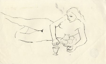 Barbara Dorf - Mid 20th Century Pen and Ink Drawing, Nude with Fruit and Cup