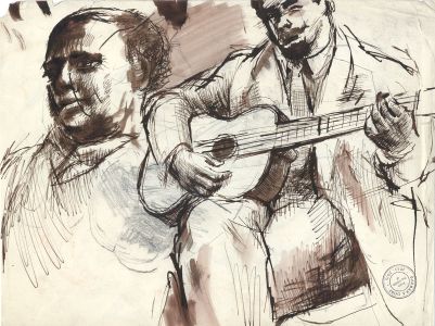 Barbara Dorf - Mid 20th Century Pen and Ink Drawing, Man on Guitar
