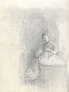Joseph Clark - Late 19th Century Graphite Drawing, Looking in the Cot