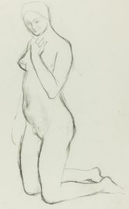 Barbara Dorf - Mid 20th Century Charcoal Drawing, Kneeling Female Nude