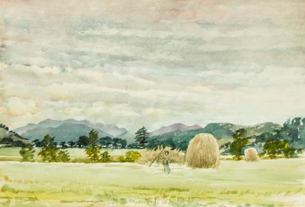 Irene Bache (1901-1999) - 1959 Watercolour, Farmer and Haystacks, Aberfeldy