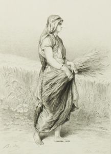 Edmond Hédouin - Early 20th Century Etching, Girl Carrying Straw