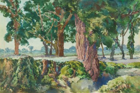 Henry P. Stevens - Signed 1961 Gouache, Trees, Fields and Beyond