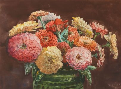 Henry P. Stevens - Signed 1950 Watercolour, Vase of Zinnias