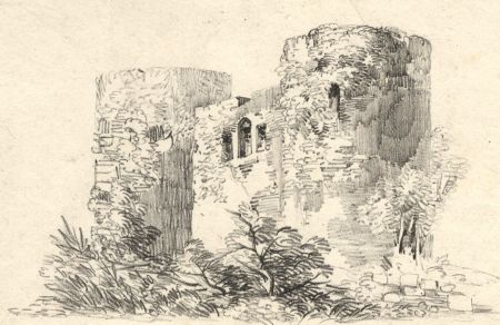 English School circa 1820 Graphite Drawing - Ruined Castle in a Landscape