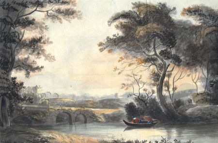 English School 1802 Watercolour - River Landscape with Figures in a Boat