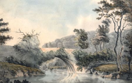 English School 1802 Watercolour - Stone Bridge in a River Landscape