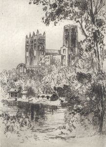 20th Century Etching - Landscape with River and Cathedral
