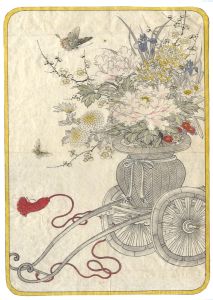 Fine Japanese 19th Century Watercolour - Flowers and Butterflies in a Wagon
