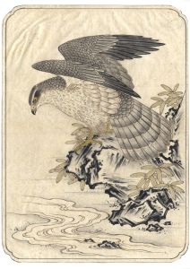 Fine Japanese 19th Century Watercolour - Hawk on a Rock by a River