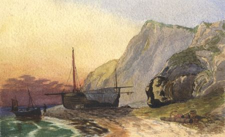English School 1889 Watercolour - Beach with Ships at Sunset