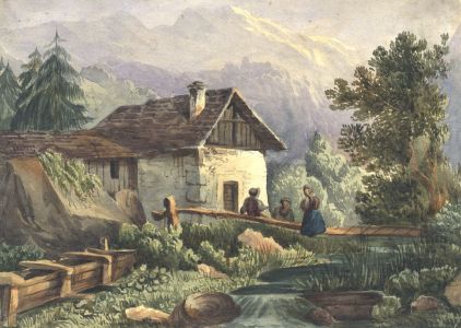 19th Century Watercolour - Figures Outside Stone Cottage in Mountain Landscape