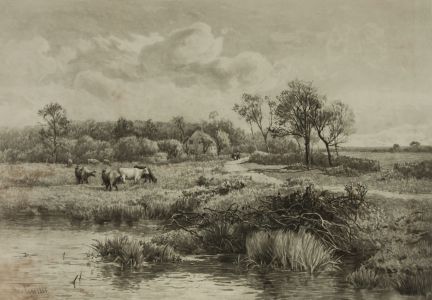 Thomas Pyne RI - Artist Proof 1885 Lithograph, Landscape with Cow Meadow